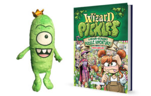 Cover art for Wizard Pickles (with plush King Pickle), written and illustrated by Chuck Whelan (Golden Bell’s Polar Press)